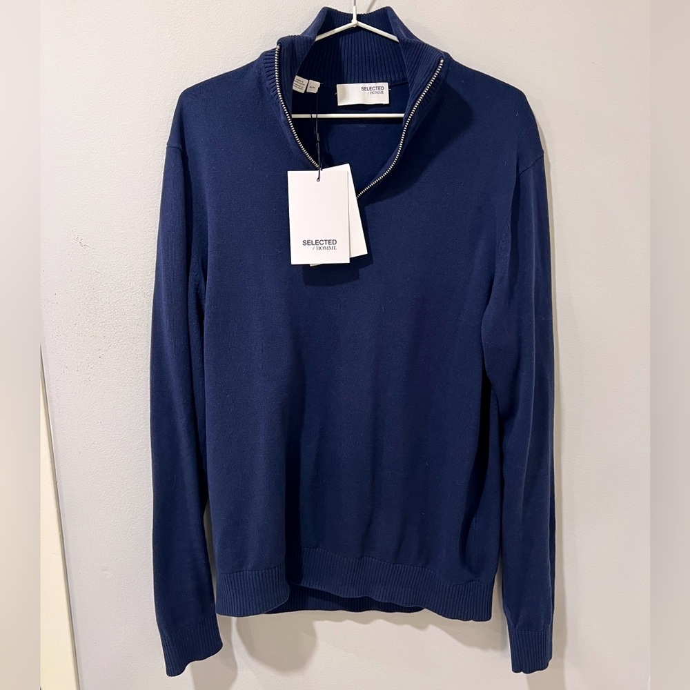 NWT SELECTED/ HOMME Mens 100% Cotton Quarter-Zip Sweater Navy, Size M